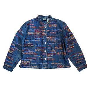 Chico's Fringed Patch Denim Jean Jacket Mandarin Collar Large